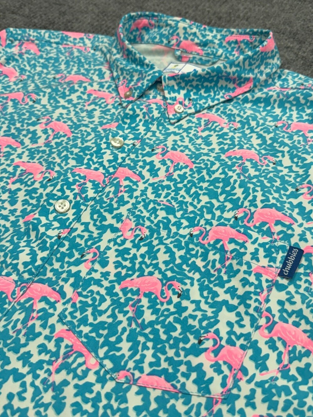 Chubbies Vented Polo Fishing Shirt Mens L Blue White Pink Flamingo AOP Outdoor